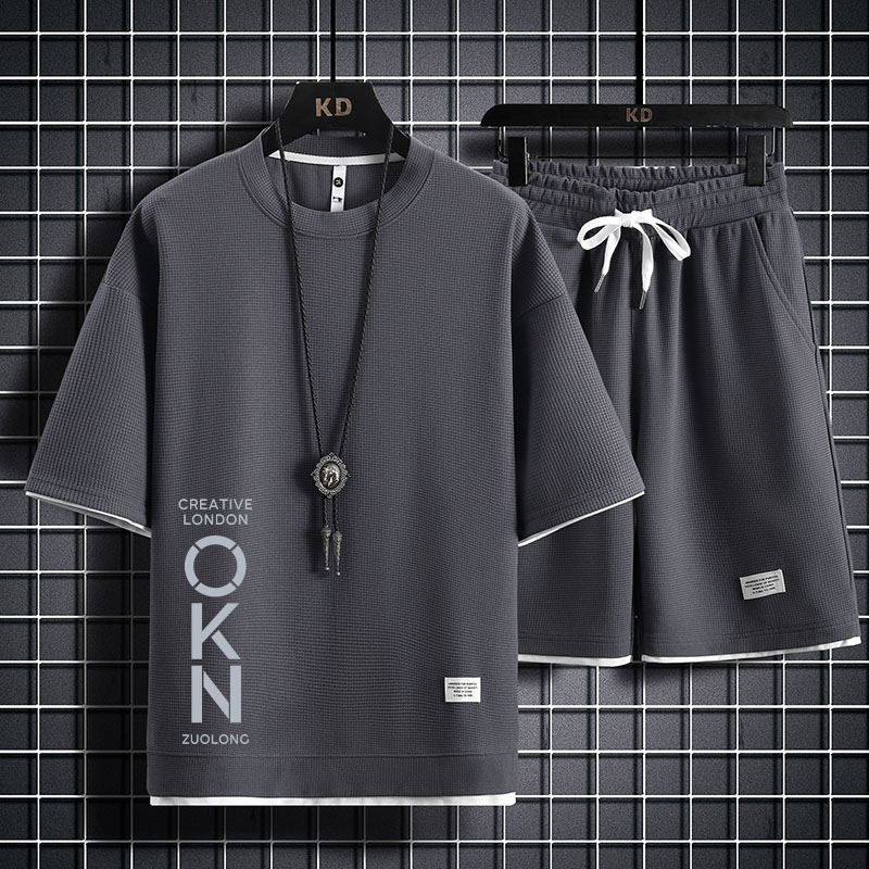 Waffle Ice Silk Suit Men's Summer Casual Round Neck Short-Sleeved Quick-Drying Basketball Clothes Shorts Running Two-Piece Set