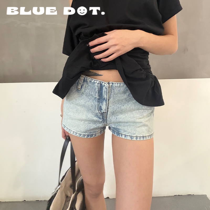 Bluedot Gimaguas Retro Light Blue Washed Distressed Low-Waist Versatile Denim Mini Shorts