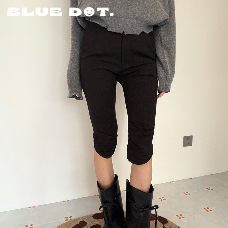 Bluedot Openyy Black Versatile Slim-Fit Arc-Cut Capri Shorts Cropped Pants