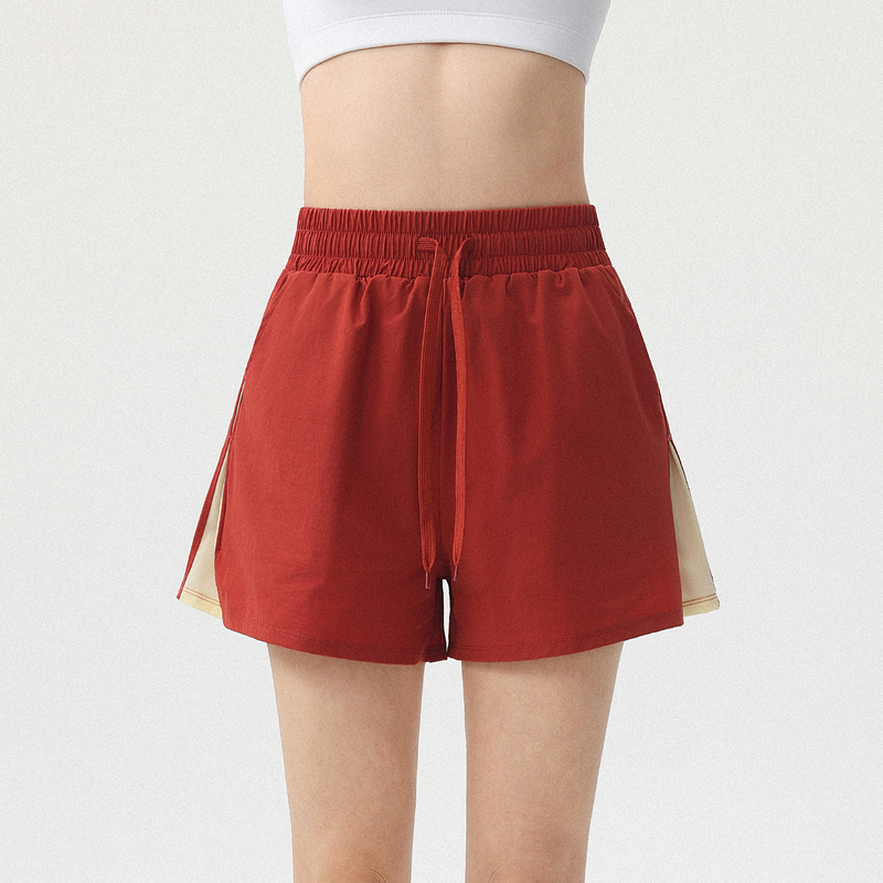 Fake Two-Piece Sports Shorts for Women, Spring Style, Anti-Exposure, High-Waisted, Drawstring, Pockets, Quick-Drying, Fitness, Running, Yoga, Three-Quarter Pants
