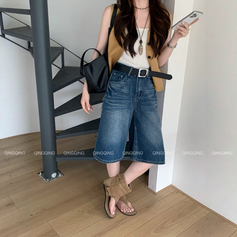 Qingqing [Highly Recommended Capri Pants] Korean-Style Dark Washed Pants with Great Texture, European and Korean Style Loose Capri Pants