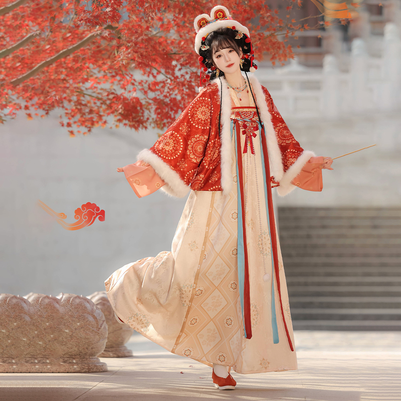 Yuhuayangxue【Xiaozhao Ling】Original Hanfu Women's Tang-Style Jacket with Chest-Length Skirt and Fleece-Lined New Year Outfit Set, Winter Edition