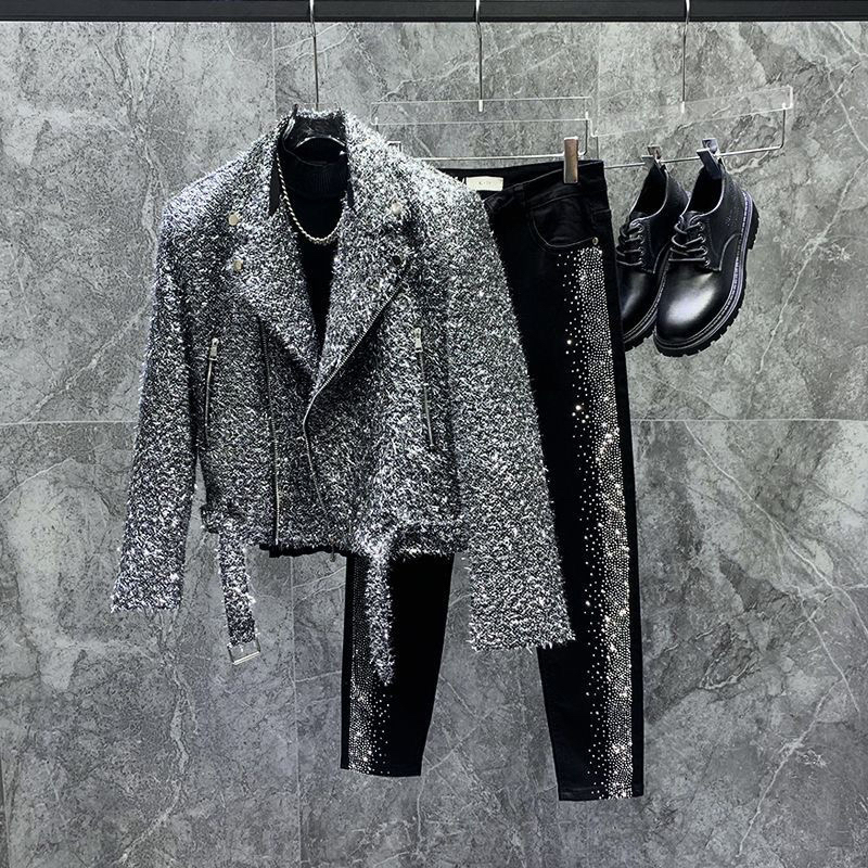 Niche Silver Tassel Short Blazer Jacket for Men, Korean Style Trendy Loose Design Top Jacket
