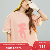 SENCE LA National Tide Pink Bear Short Sleeve T-Shirt Women Candy Color Loose Couple Dress oversize Xinjiang Cotton