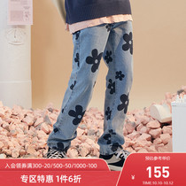 SENCE LA small flower print light blue jeans mens national tide loose spring and autumn retro washed straight casual pants