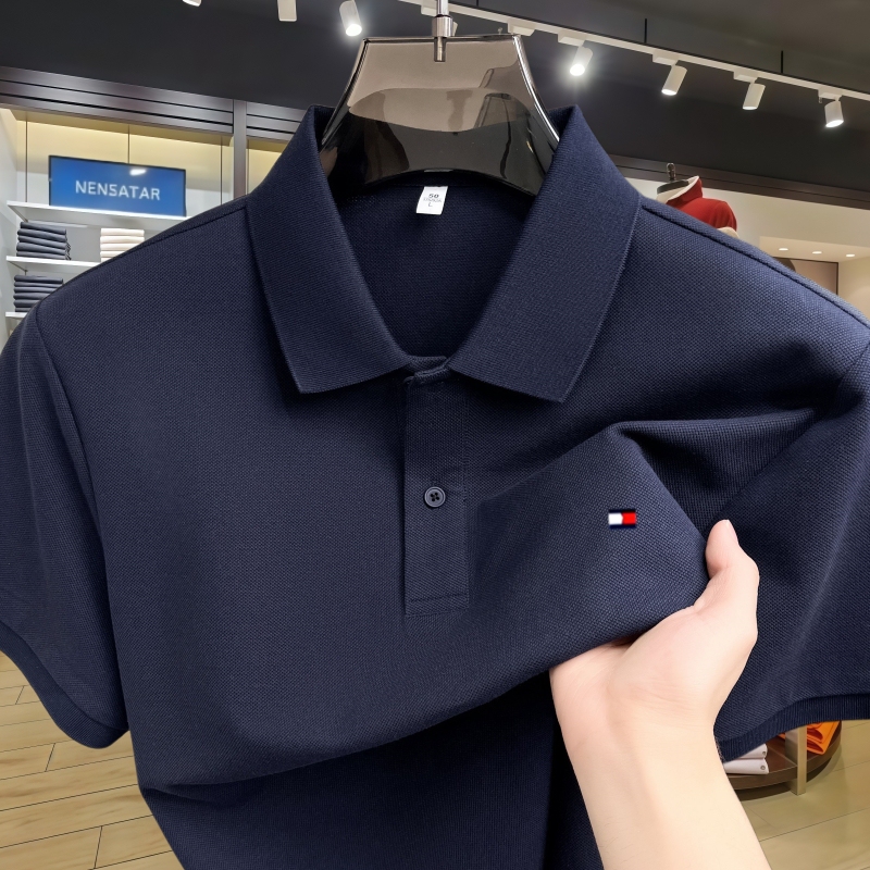 American Casual Tommy Summer 100% Cotton Short-Sleeved Polo Shirt for Middle-Aged Men, Business Casual Solid Color Lapel T-Shirt