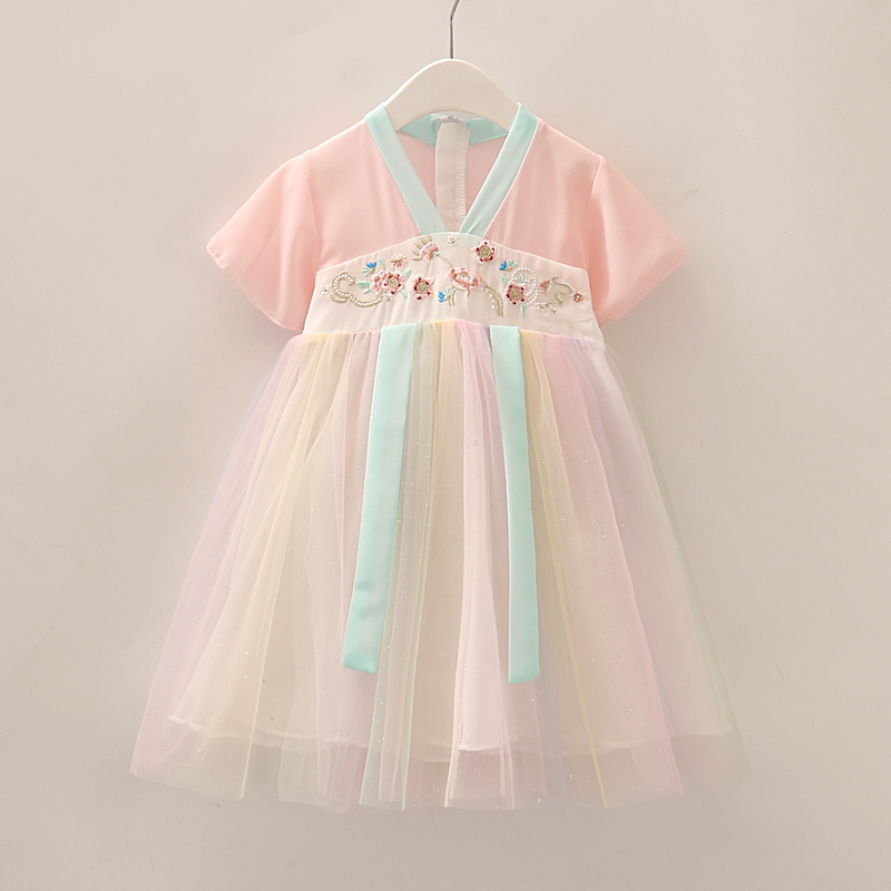 Girls 2022 summer new Hanfu children's super fairy western style chiffon dress baby Chinese style ancient costume waxy skirt