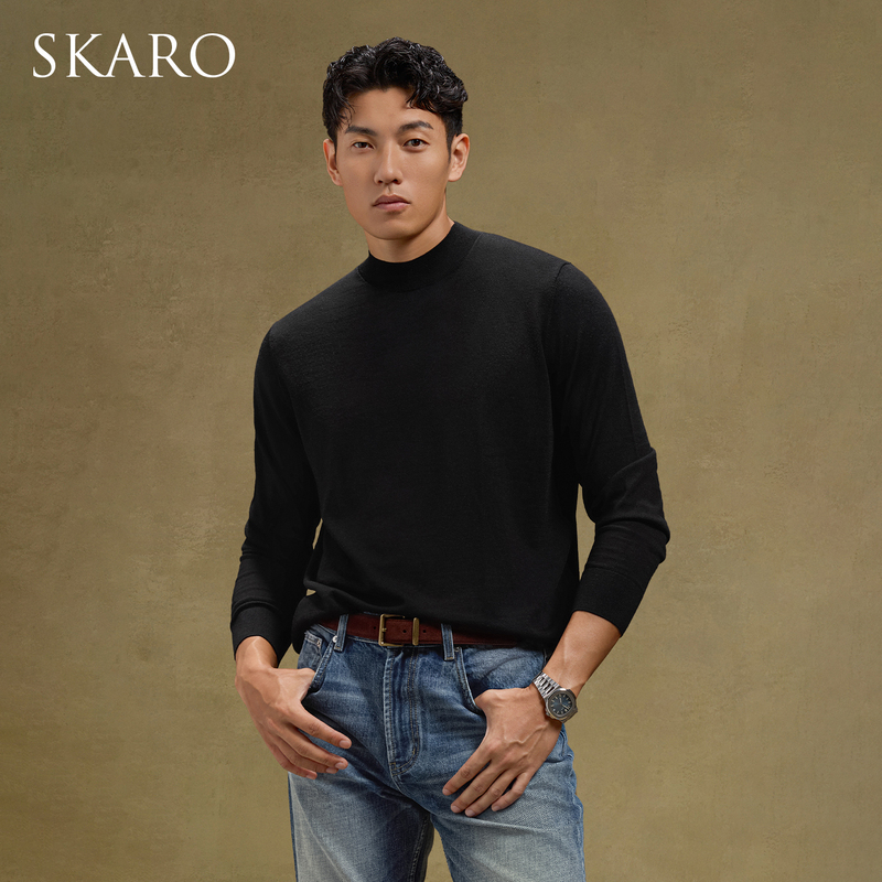 [Pure Wool, Machine Washable] Skaro Black Half-Turtleneck Sweater for Men, Autumn and Winter Wool Base Layer