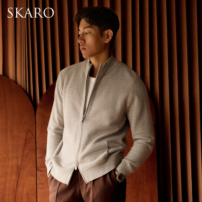 [Contains Cashmere] Skaro Double-Ended Zipper Knit Cardigan for Men, Autumn and Winter Elastic Stand-Up Collar Sweater with Long Sleeves