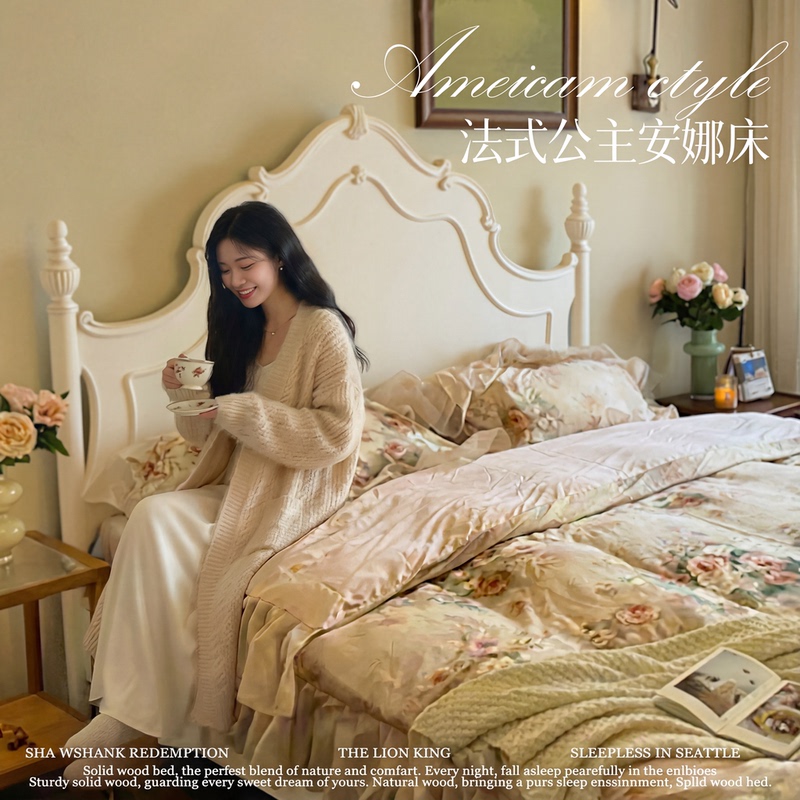 French-Style Princess Solid Wood Bed, Beech Wood White Anna Bed, Cream-Style Bed for Master Bedroom, 1.8m Double Beds, Daxujia Yuan French-Style Princess Solid Wood Bed, Beech Wood White Anna Bed, Cream-Style Bed for Master Bedroom, 1.8m Double Beds, Daxujia Yuan