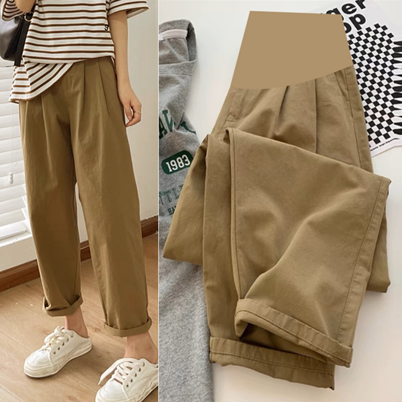 Khaki Maternity Casual Pants, Nine-Tenths Length, Autumn Maternity Pants for Outdoor Wear, Spring and Autumn Style, Loose Dad Pants, Autumn and Winter Fleece-Lined