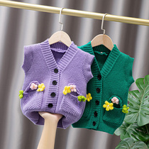 Girl knit waistcoat spring autumn 2021 new children sweaters cardio-hoodie childrens autumn vest waistcoat outside