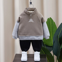 Boy semi-high collar with velvet clothing autumn and winter style 2021 new childrens foreign air thickened children fake two blouses