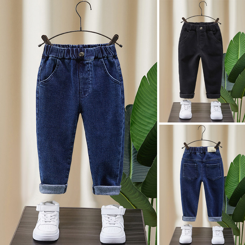 Boys' fleece jeans slim fit 2021 new children's autumn and winter fleece children's winter cigarette pants trend