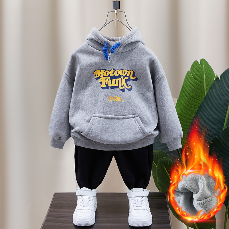 Boys sweater plus velvet integrated velvet 2021 new children's hooded thickening autumn and winter children's winter gray top