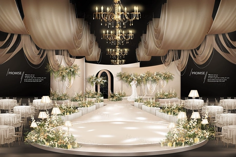 香槟泰式极简秀场风韩式吊顶纱缦婚礼效果图背景素材psd无制作图-婚礼素材网