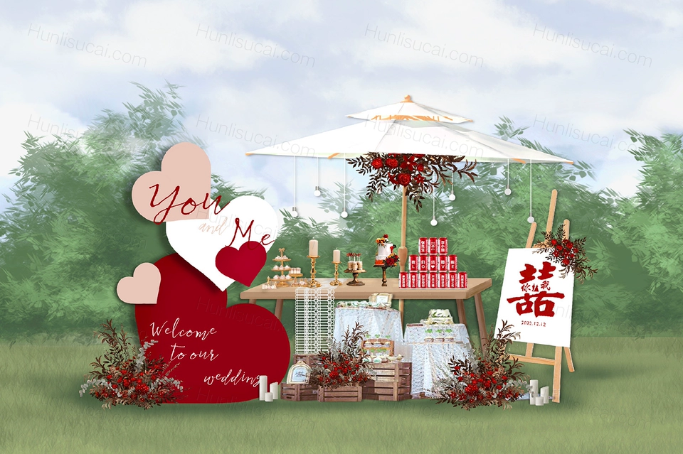 红白色新中式户外草坪婚礼设计效果图背景方案素材psd源文件-婚礼素材网