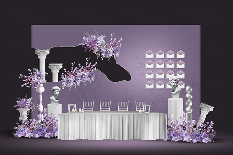 紫色侘寂风西式婚礼效果图婚礼设计背景方案KT板PSD素材-婚礼素材网