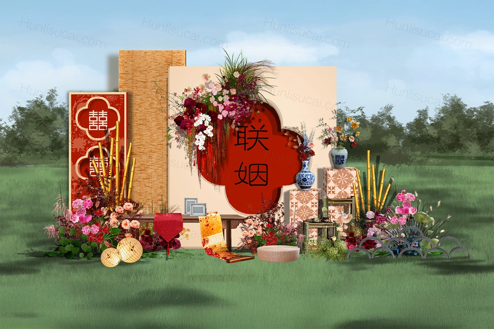 红色喜庆南洋风东南亚华人订婚宴婚礼设计效果图素材psd源文件-婚礼素材网