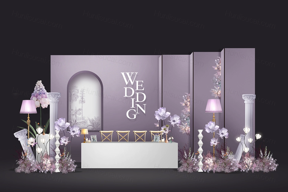 紫色高端简约法式婚礼设计舞台展示区效果图背景方案素材psd-婚礼素材网