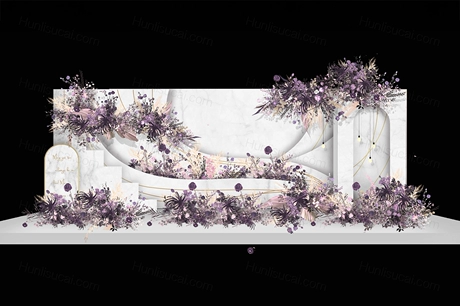 白色紫色INS简约风格欧式婚礼设计效果图舞台展示区签到背景素材-婚礼素材网