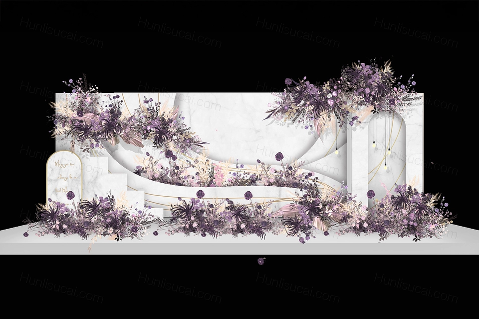 白色紫色INS简约风格欧式婚礼设计效果图舞台展示区签到背景素材-婚礼素材网