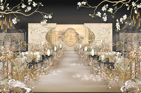 香槟色新中式婚礼效果图psd素材合影区仪式区含平面制作字体-婚礼素材网