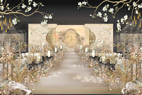 香槟色新中式婚礼效果图psd素材合影区仪式区含平面制作字体-婚礼素材网