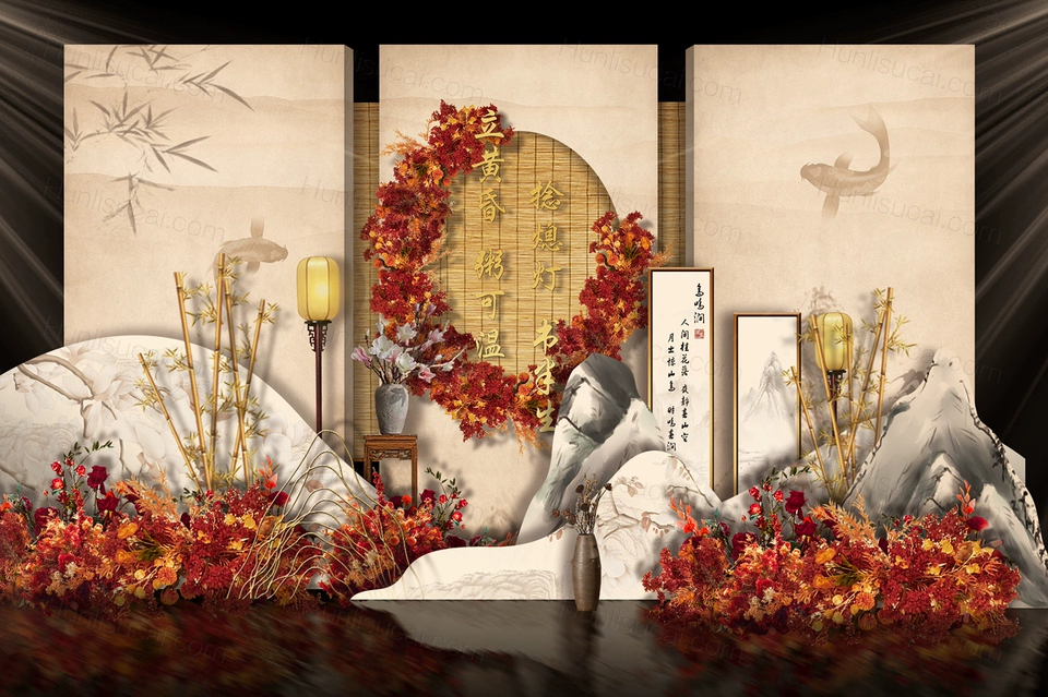 香槟色传统新中式婚礼设计婚庆效果图舞台展示区签到背景素材-婚礼素材网