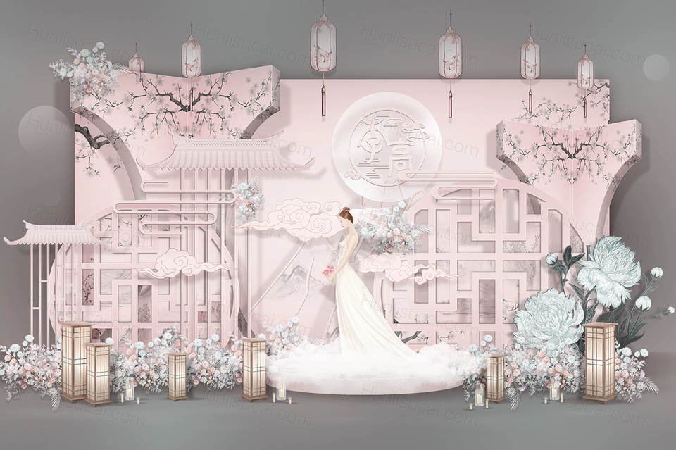粉色新中式传统喜庆中国风婚礼设计婚庆效果图舞台展示区背景素材-婚礼素材网