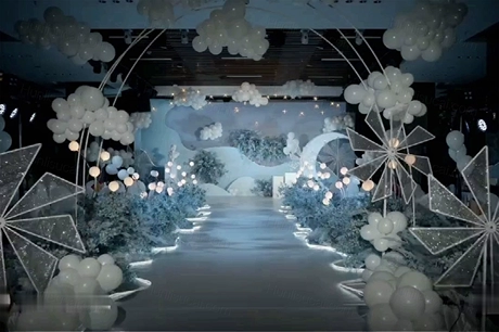 浅蓝色婚礼背景雾霾蓝婚礼效果图婚庆舞台婚礼设计PSD分层文件-婚礼素材网