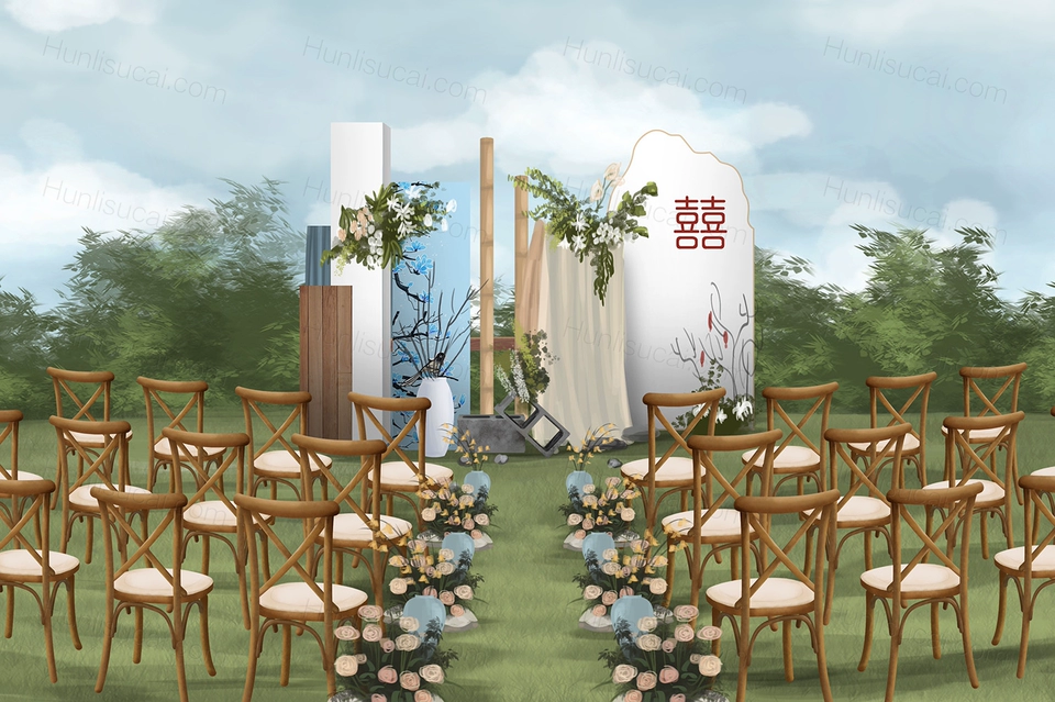 现代新中式侘寂风艺术创意户外草坪婚礼设计背景素材效果图psd-婚礼素材网