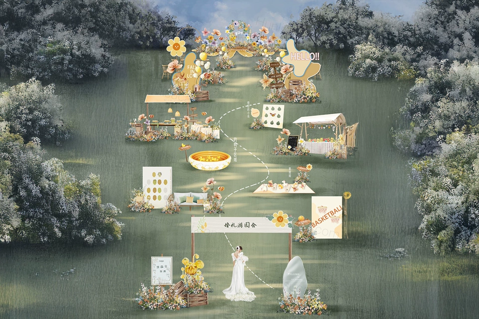 户外游园会田园小清新婚礼舞台背景手绘花艺婚庆效果图PSD素材-婚礼素材网