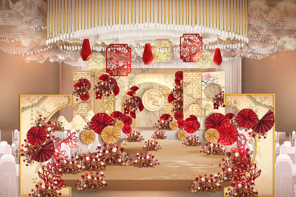 香槟色高端新中式中国风婚礼设计婚庆手绘效果图背景PSD素材-婚礼素材网