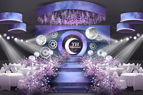 蓝紫色星空月亮主题婚礼设计婚庆舞台效果图背景方案素材psd-婚礼素材网