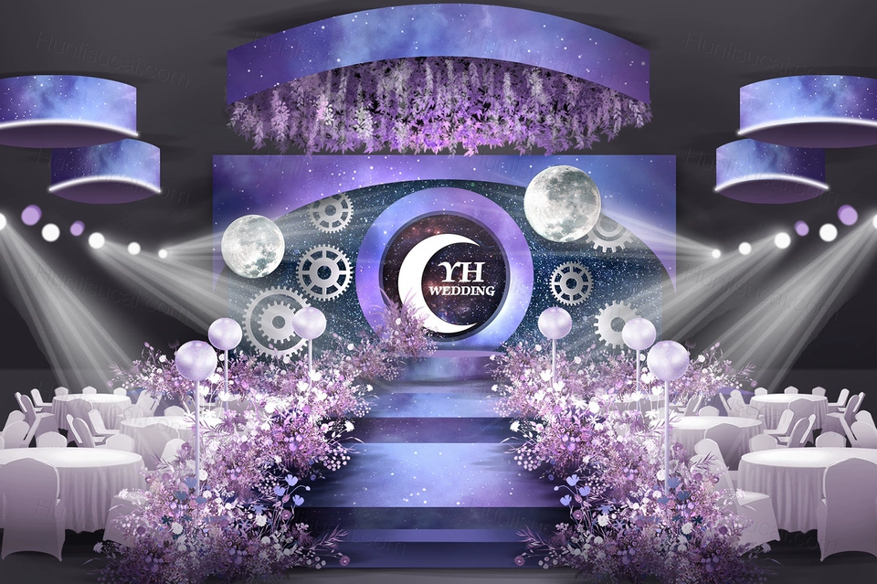 蓝紫色星空月亮主题婚礼设计婚庆舞台效果图背景方案素材psd-婚礼素材网