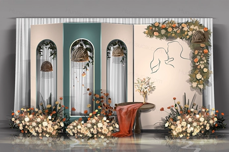 香槟色绿色西式拱门婚礼设计婚庆效果图舞台展示区背景喷绘素材-婚礼素材网