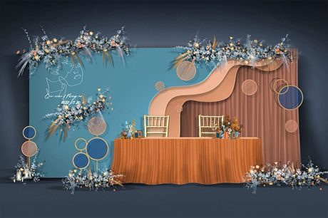 莫兰迪蓝色橘色高端泰式婚礼设计手绘效果图背景方案喷绘素材-婚礼素材网