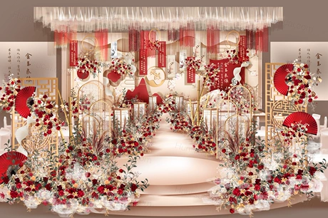 香槟色红色中式喜庆婚礼设计婚庆舞台效果图背景方案素材psd-婚礼素材网