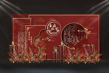 复古风红色新中式中国风小预算婚礼背景墙迎宾区效果图PS素材设计-婚礼素材网