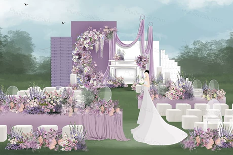 紫色白色户外草坪婚礼设计效果图玻璃椅子太阳伞花艺素材psd-婚礼素材网