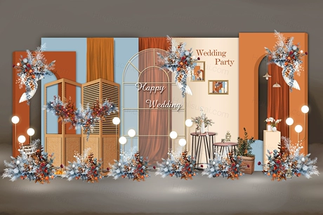 橘色咖色蓝色撞色风格泰式婚礼设计效果图背景方案素材psd-婚礼素材网