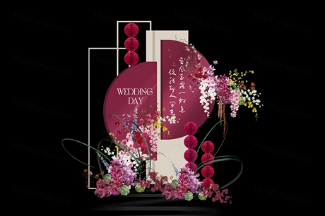 新中式玫红色婚礼迎宾小景设计玫红色婚礼效果图psd素材源文件-婚礼素材网