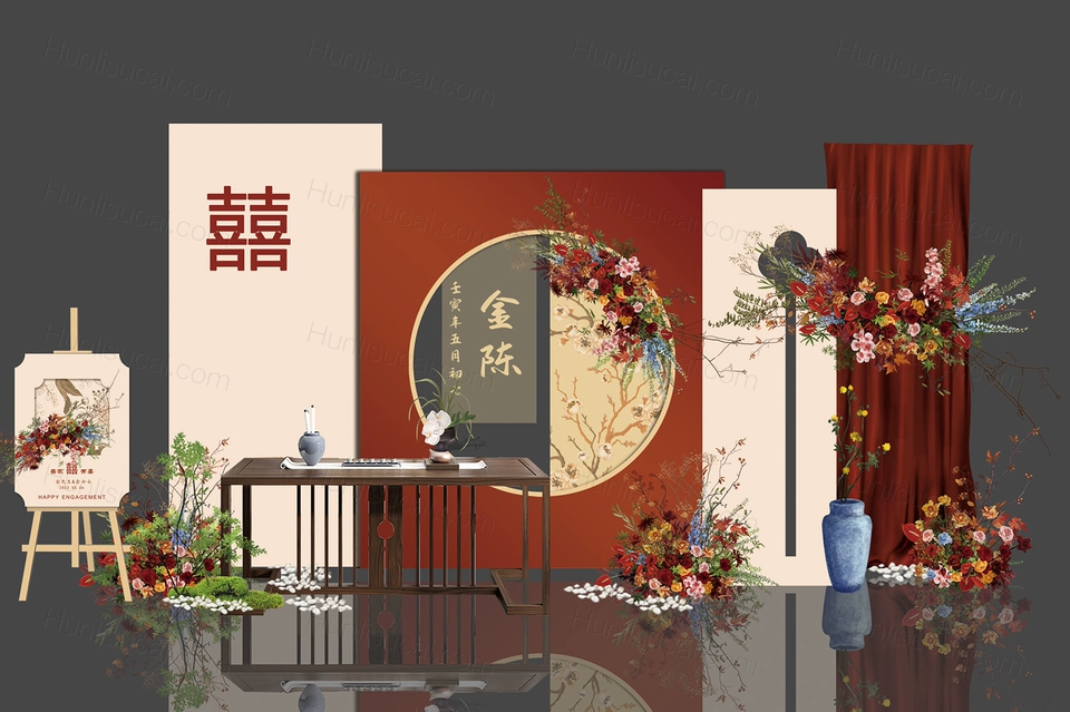 红色香槟色撞色新中式婚礼效果图迎宾区订婚宴回门宴背景素材婚礼-婚礼素材网