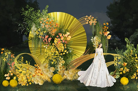 柠檬黄中式小众竹篾灯笼元素户外婚礼舞台合影甜品PSD效果图素材-婚礼素材网