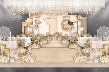 莫兰迪香槟色泰式简约高端婚礼设计效果图舞台背景素材psd-婚礼素材网