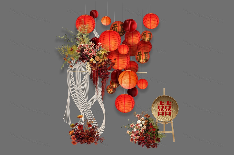 婚礼设计图新中式红色灯笼花艺竹条手绘道具素材ps源文件效果图-婚礼素材网