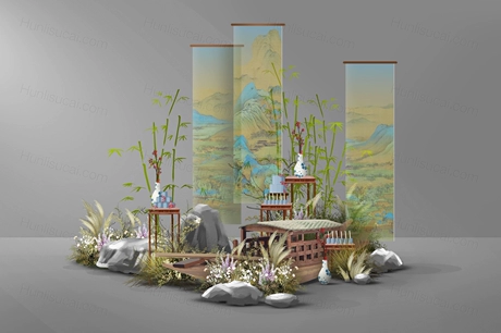 小清新中式明清淡雅水墨卷轴画卷小众婚礼甜品区效果图PS文件素材-婚礼素材网