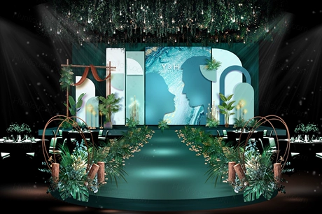 蓝绿色森系泰式水彩鎏金背景婚礼设计婚庆舞台效果图素材psd-婚礼素材网