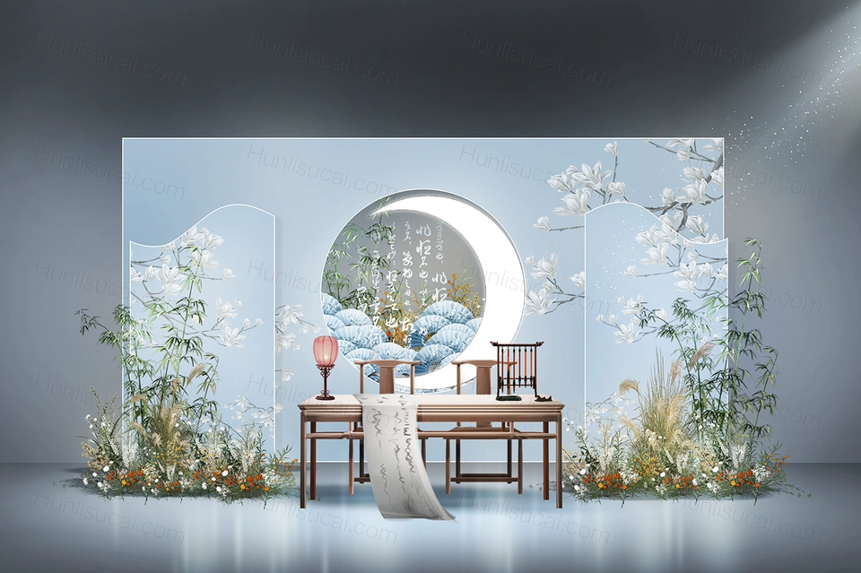 淡蓝色雾霾蓝新中式传统古典意境艺术婚礼设计效果图素材psd-婚礼素材网